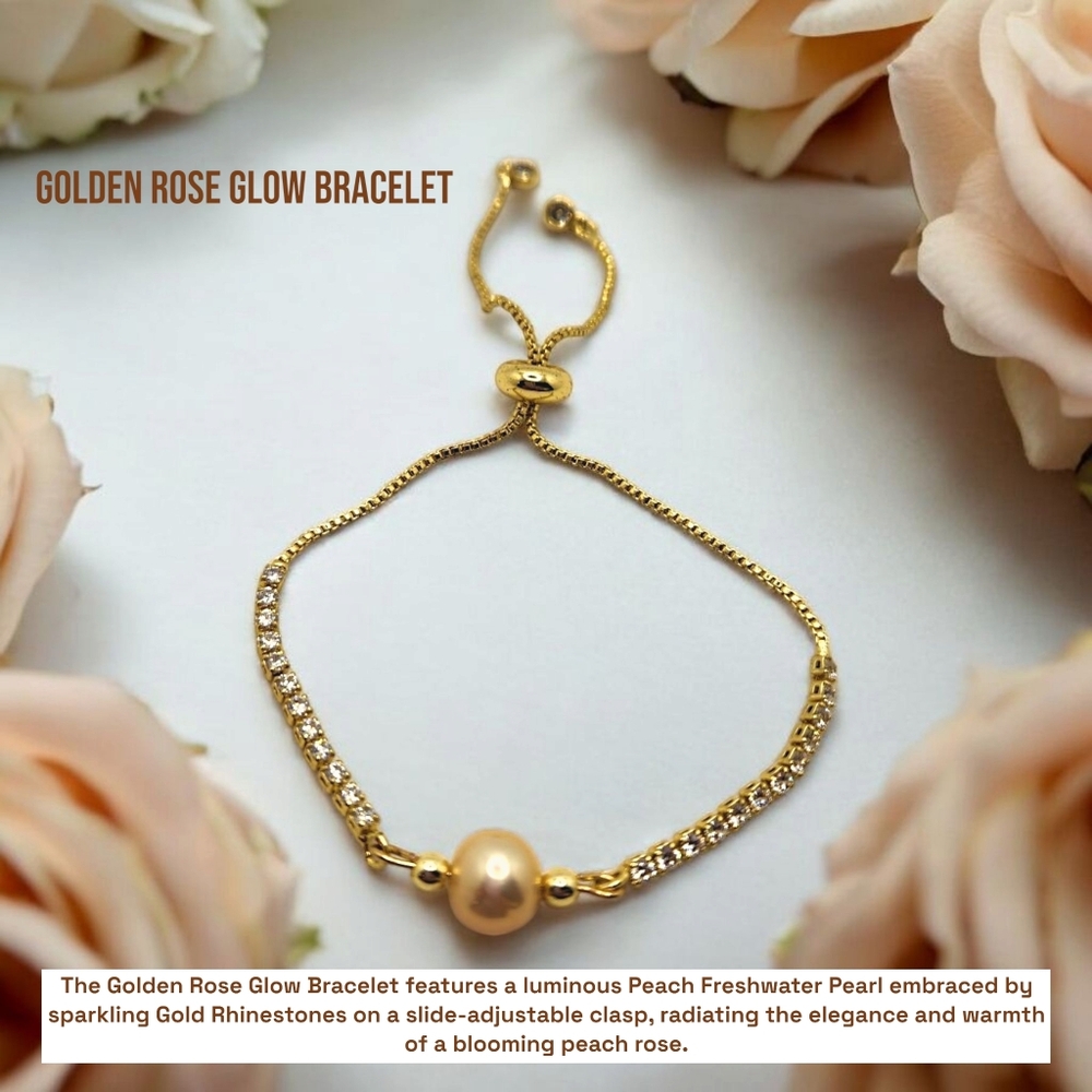Peach Freshwater Pearl, Rhinestones slide adjustable bracelet
